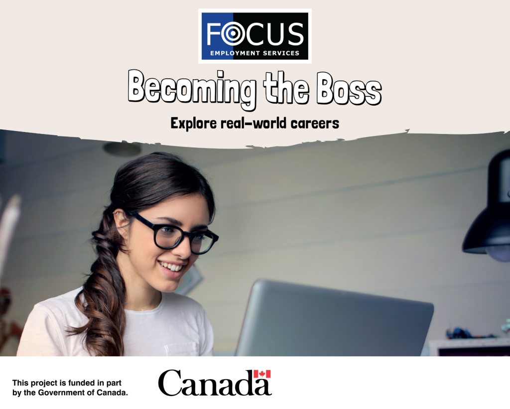 A young white woman with glasses sits at a computer. The graphics mention the Becoming The Boss Program facilitated by Focus