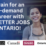 A smiling young white woman in an apron. The graphic advertises the Better Jobs Ontario program.