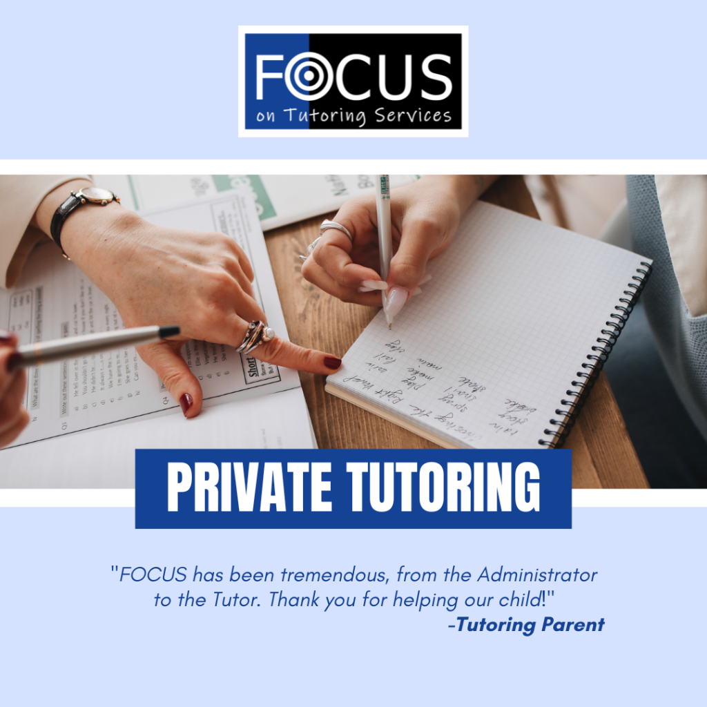 Private tutoring flyer with two hands work on homework at a desk. 