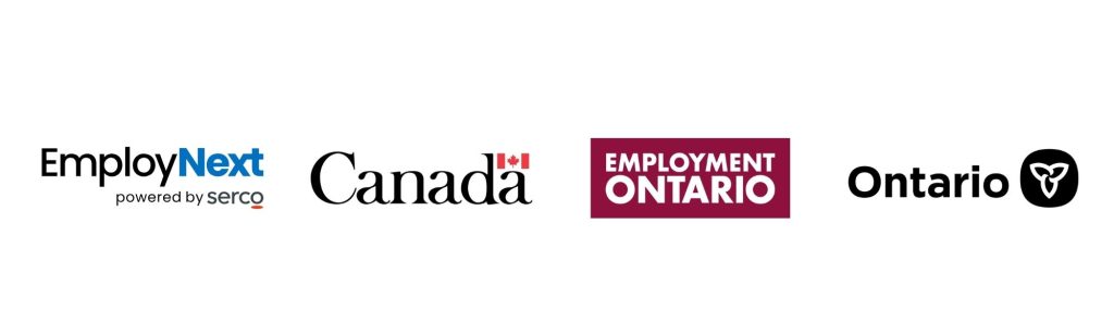 EmployNext Logo by SERCO on left, then Canada Logo, then Employment Ontario Logo, then on far right Ontario Logo.